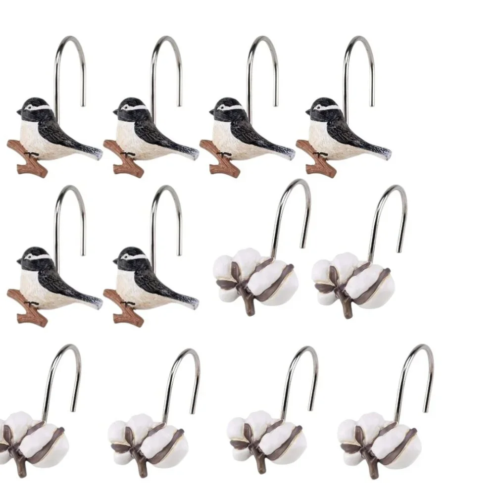 NEW Shower Curtain Hooks Multicolor Chickadee Bird Bathroom Decor Cotton Ball Pl